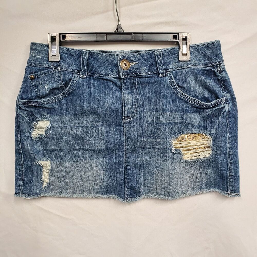 Elle Mini Jean Skirt Blue Denim Distressed Mini Skirt  Women's 10 Blue Casual